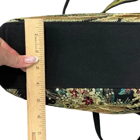 Black Gold Phoenix Floral Gold Sequin Embroidery Tassels Canvas Tote Bag Handbag - Picture 5 of 15